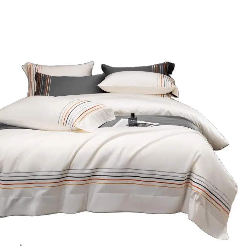 Luxury 400TC Cotton Stripe Embroidery Duvet Cover Set 4pcs Bedding set Bed Sheet Pillowcases For Home Hotel