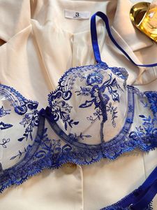 Wholesale Blue Floral Embroidery Lingerie <b>Set</b> Sheer Mesh Underwire <b>Sexy</b> Bra and Thong Panties <b>Set</b> 2 Piece Bow Lace Intimates <b>Set</b> - Product Image 5