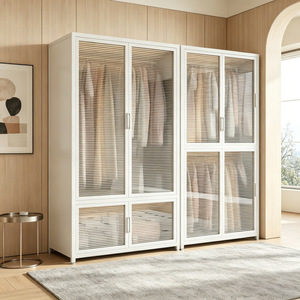 Armoire de chambre moderne en acier avec portes pliantes verticales en verre à motifs, meuble en panneaux métalliques - Product Image 2