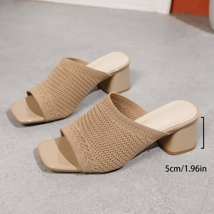 Nouvelles sandales d'été tissées à talon moyen pour femme, grande taille, respirantes, à bout carré et talon épais - Product Image 6