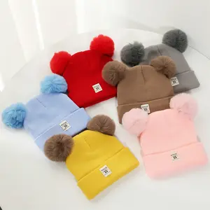 Gorros de invierno para bebés, fibras acrílicas, gorros de punto para niños, gorro de invierno grueso y cálido de doble bola, gorro de moda para niños al aire libre