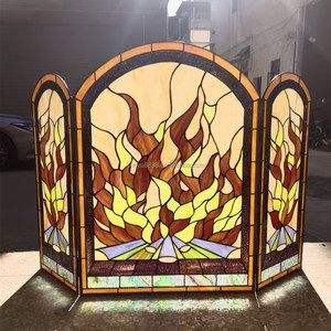 Paravent de cheminée en vitrail, 3 panneaux, motif flamme, verre décoratif traditionnel, pour salon, autoportant, forme cathédrale - Product Image 3