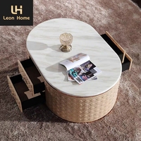 Vente chaude classique table à thé en marbre salon cuir art ovale table basse table basse en acier inoxydable