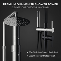 Colonne de douche autoportante extérieure en acier inoxydable brossé SUS304 avec cartouche céramique, pommeau de pluie et douchette à main pour jardin et piscine modernes