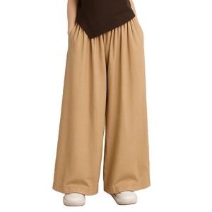 กางเกงขากว้างผ้าลินินสีน้ำตาลเป็นมิตรต่อสิ่งแวดล้อมสำหรับผู้หญิงเอวกลางระบายอากาศได้มีลวดลายขนนกตกแต่งทรงหลวมพอดีตัวสำหรับฤดูร้อน - Product Image 1
