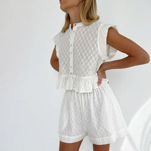 Conjunto de Dos Piezas para <span class=keywords><strong>Mujer</strong></span>, Camiseta de Manga Corta con Volantes Jacquard de Oficina, Color Blanco, Conjunto Casual de Dos Piezas con Pantalones Cortos - Product Image 2