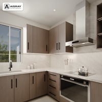 Meuble de cuisine moderne en placage de bois avec portes à battants, aménagement en U, dimensions personnalisées, boîtes en panneaux mélaminés et rangement coulissant