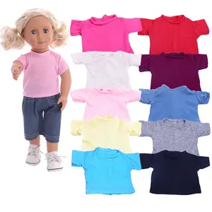 Ropa de muñeca de verano, Camiseta de algodón puro de manga corta hecha a mano, ropa de Color sólido para muñeca de 16-18 pulgadas