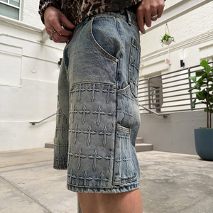 MZN Custom <span class=keywords><strong>Jeans</strong></span> mezzi corti da <span class=keywords><strong>uomo</strong></span> larghi con lavaggio acido in Denim sbiadito da sole 3D goffratura Jorts Streetwear stile Y2K - Product Image 6