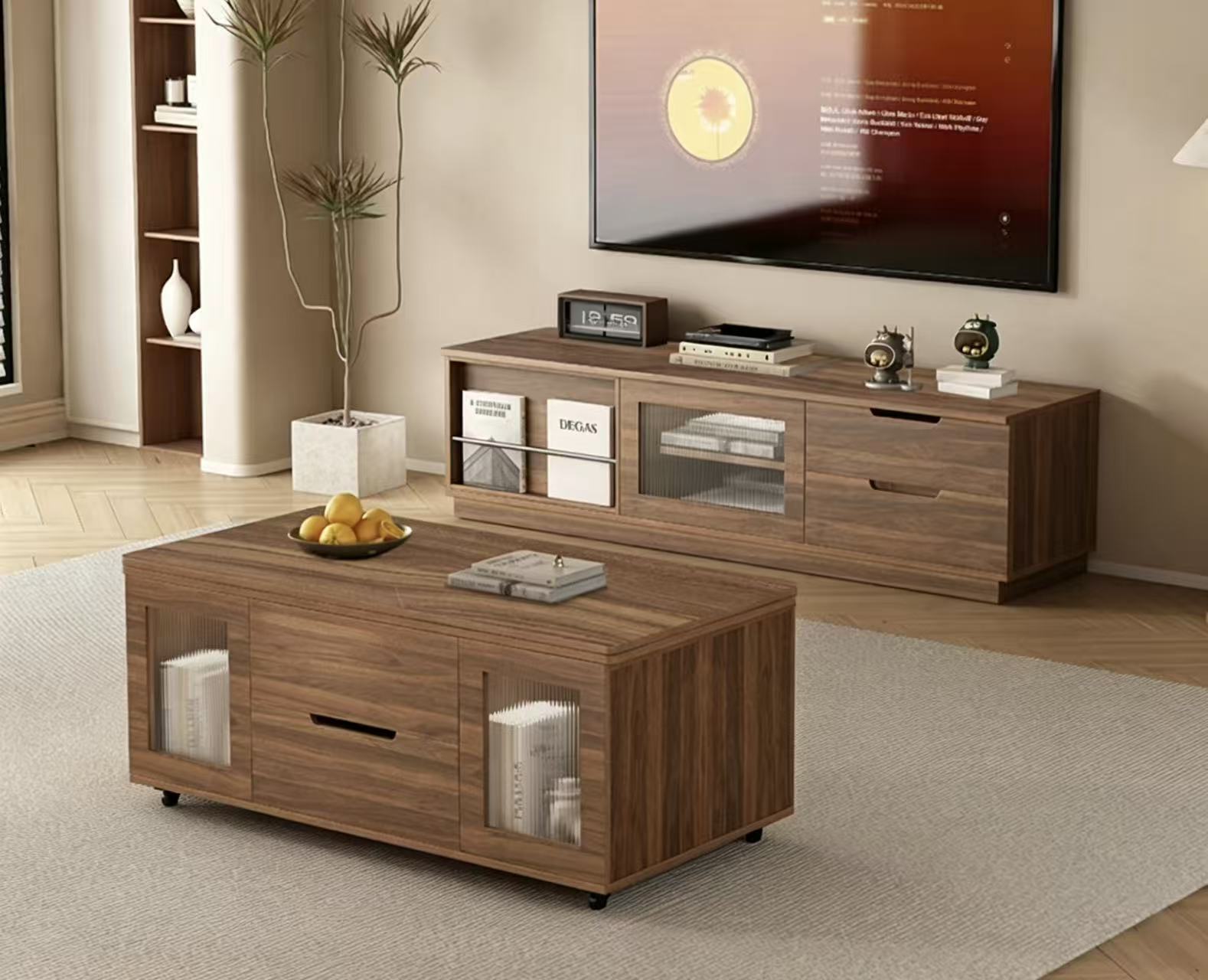 120 Mesa de centro + soporte de TV combinado, tablero de nogal, 4 taburetes