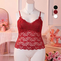 Atasan Cami Renda Bunga Wanita dengan Detail Pita Tali Dapat Disesuaikan, Kerah V, Lingerie Kamisol, Tersedia 3 Warna.