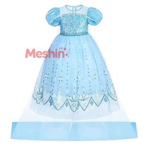 Nouvelle arrivée MS, robe de princesse pour filles, reine des neiges, manches courtes, motif flocon de neige, paillettes, robe bleue bouffante, costume Elsa pour enfants - Product Image 1