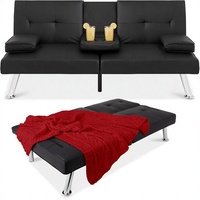 Sofá Cama Futón Convertible Ajustable y Plegable de 3 Plazas, Tapizado en Cuero Sintético Moderno, con Reposabrazos Extraíbles, Color Negro