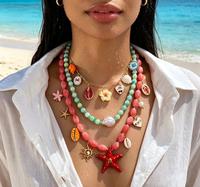 Collier à breloques côtières 3 couches de perles, fabrication OEM/ODM de bijoux fantaisie, perles en résine rose, pendentifs émail cœur, étoile de mer, coquillage, soleil