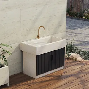 Lavatório em marmore estilo moderno para uso ao ar livre, design quadrado e elegante, pronto para jardim