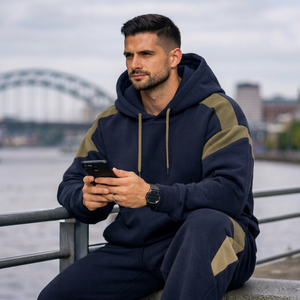 Ensemble de survêtement molletonné épais pour homme, style automne, avec sweat à capuche à cordon et leggings évasés – Style urbain tendance - Product Image 3