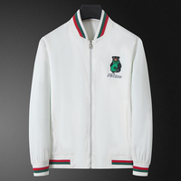 Veste de baseball côtelée rayée noire, rouge et verte pour homme avec broderie d'ours, fermeture éclair, coupe-vent léger, style décontracté urbain