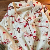 Ensemble de pyjama pour femme en polyester avec motif d'ours de Noël mignon, cardigan à manches courtes et shorts, vêtements de détente respirants pour l'été, style féminin élégant, ODM PJ