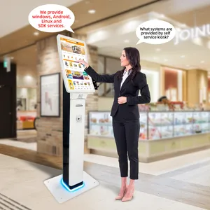 Floor Standing 23.6 Inch Android Touch Screen Queue Kiosk With Pos Holder Barcode Scanner Ticket Printer For Shopping Mall