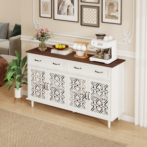 Vintage Sideboard Buffet Cabinet Hand Carved Geometric Doors 2 <b>Drawers</b> Light Wood Finish Contrast Design - Product Image 6