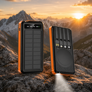 Batterie <span class=keywords><strong>solaire</strong></span> portable 10000mAh, <span class=keywords><strong>chargeur</strong></span> intégré avec câble, charge sans fil magnétique et lampe de camping LED - Product Image 1