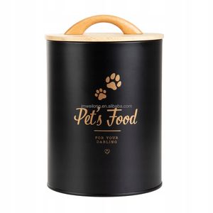 Recipiente de metal para armazenar comida de cachorro, tampa de bambu com design vintage, caixa de armazenamento para pet <span class=keywords><strong>food</strong></span> e gatos, jarra hermética de lata