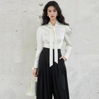 Chemisier en satin uni personnalisé à col montant pour femme, manches longues, ajusté avec fentes à la taille, élégant, pour le bureau, commandes en gros