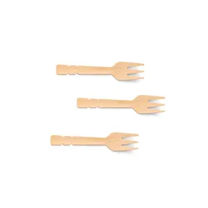 Fourchettes en bambou de vente en gros 3.5 pouces Mini fourchettes de dégustation d'aliments jetables à trois dents