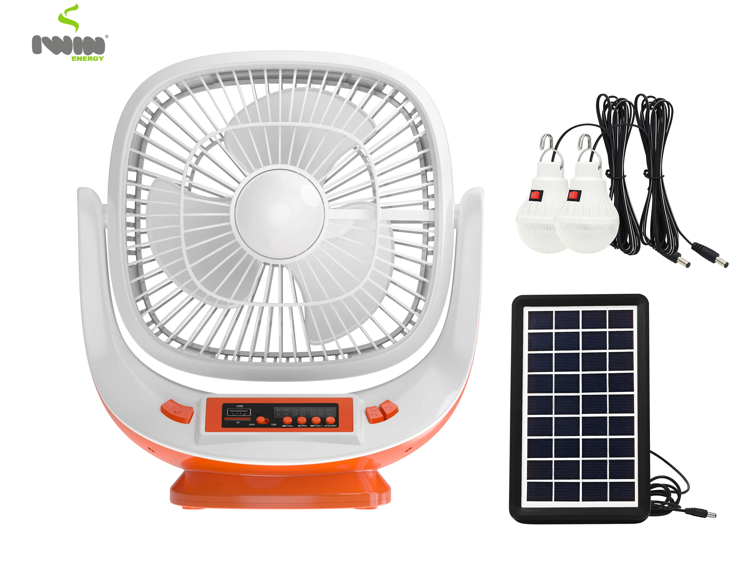 Ventilateur solaire Ac Dc Portable Rechargeable de 8 pouces avec lumière de secours led, radio FM, carte TF, meilleur prix