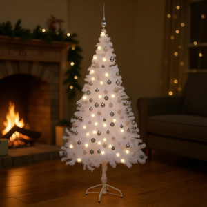 Árbol de Navidad artificial preiluminado de 70.9 pulgadas en blanco y gris con luces LED cálidas, árbol decorativo de interior con base. - Product Image 2