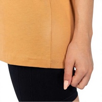 T-shirt femme col rond manches courtes couleur moutarde, coupe ample, 100% coton, jersey respirant, couleur unie, décontracté.