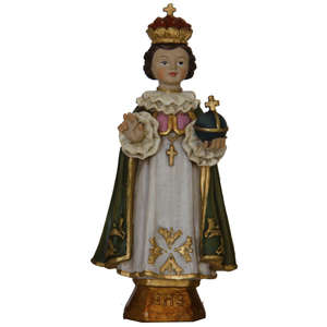 Escultura del Niño Jesús de Praga con Capa Verde, Altura 11 cm, Código de Producto 9006935012347 - Product Image 1