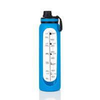 Bouteille d'eau sport en verre borosilicate transparent gradué avec anneau de transport en bambou, grande capacité 1 litre, pour boire directement