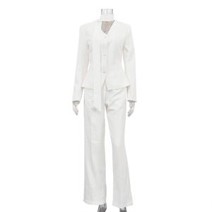 Completo formale <span class=keywords><strong>bianco</strong></span> a due pezzi con blazer con scollo a V e pantaloni, abbigliamento primaverile da donna, tailleur da ufficio. - Product Image 4