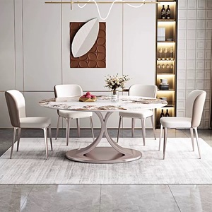 Tavolo da Pranzo Rotondo di Design con Piano in Pietra Resistente e Base in Acciaio con Finitura Oro Rosa Elettroplaccata per Arredamento Moderno - Product Image 5