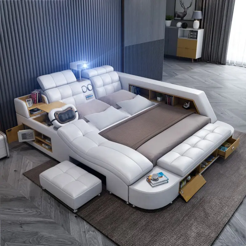 Multifunction Smart King Size Folding Bed Modern Boy Girl Wooden Bed Luxury Massage Storage Leather Bed