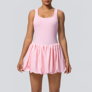 Robe de sport d'été unie grande taille, une pièce, en tissu extensible Spandex Nylon, avec short intégré et poches latérales, tenue de sport décontractée - Product Image 5