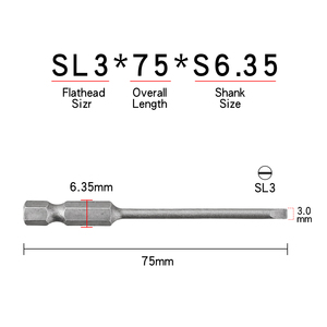 Embout de tournevis magnétique à tête plate de 75 mm de long, 3 mm, tige hexagonale de 1/4 pouce, acier S2 <span class=keywords><strong>pour</strong></span> visseuses à percussion, aimant puissant - Product Image 2