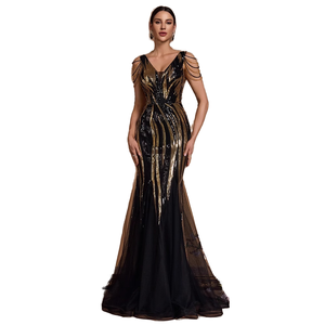 Fashion <b>Sequined</b> Beaded Candy Color Summer Breathable Evening Dress Sexy Elegant Slim Fit V-neck Sleeveless Mermaid Floor-Length - Product Image 1