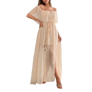 Robes maxi élégantes pour femmes, à épaules dénudées, avec cordon de serrage à la taille, manches courtes, tendance - Product Image 2