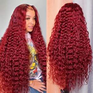 Rambut HD Transparan Bergelombang Dalam Berwarna # Wig Rambut Asli Brasil 99j Burgundy 13x4 13x6 HD Lace Front Model Body Deep Wave untuk Wanita Kulit Hitam - Product Image 2