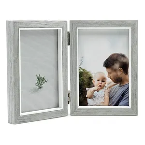 Double Picture Frame 4x6 Rustic Grey Photo Frames Wooden Hinged Folding Vertical 2 Openings