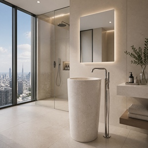 Lavabo de Baño Independiente de Travertino, Lavabo de Piedra Blanca, Diseño Rústico, Acabado Pulido, Montaje de Grifo de un Solo Orificio - Product Image 6