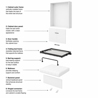 Lit Murphy blanc avec armoire, lit mural pliable, gain de place, plié pour chambre à coucher, hôtel, appartement