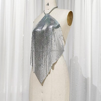 Mode argent brillant dos nu gilet voir à travers les femmes Clubbing haut court Sexy métal maille cotte de mailles haut pour les femmes