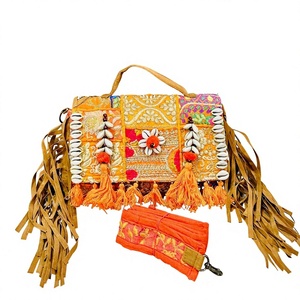 Bohemian Canvas Thread Pattern Embroidered Bucket <b>Handbag</b> Tassels Shell Decor Two <b>Handles</b> Zipper Closure Outdoor Women's - Product Image 2