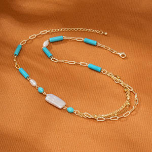 Collar de Cuentas de Turquesa Natural 2026, <span class=keywords><strong>Cadena</strong></span> Asimétrica de Varias Capas con Eslabones Tipo Clip, Estilo Barroco, Acero Inoxidable Dorado, para Mujer, Oro de 18K - Product Image 5