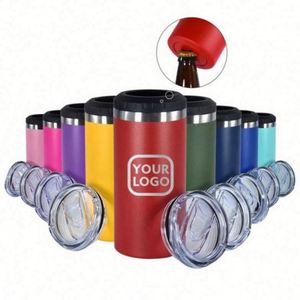 Custom 14oz 4-in-1 Beer Can Cooler Double-Walled Vacuum Insulated Stainless Steel Tumbler Powder Coating Cooler Opener Party - Product Image 1