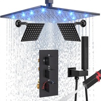 Ensemble de robinetterie de douche thermostatique Honajo à 3 poignées, pomme de douche carrée LED de 12 pouces, double jet complet de 6 pouces, finition noir mat, laiton