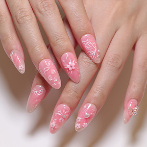 Venta al por mayor dulce Rosa arco flor mano prensa <span class=keywords><strong>uñas</strong></span> <span class=keywords><strong>en</strong></span> stock acrílico corto <span class=keywords><strong>uñas</strong></span> postizas, disponible <span class=keywords><strong>en</strong></span> casa DIY/boda/salón - Product Image 2